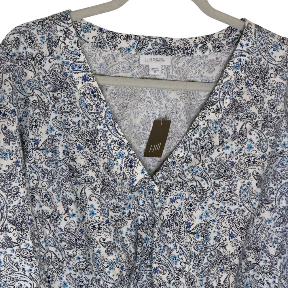J Jill Non Iron Collection Tunic Top Blouse Shirt Paisley Blue Cream 2X NWT - Picture 2 of 10